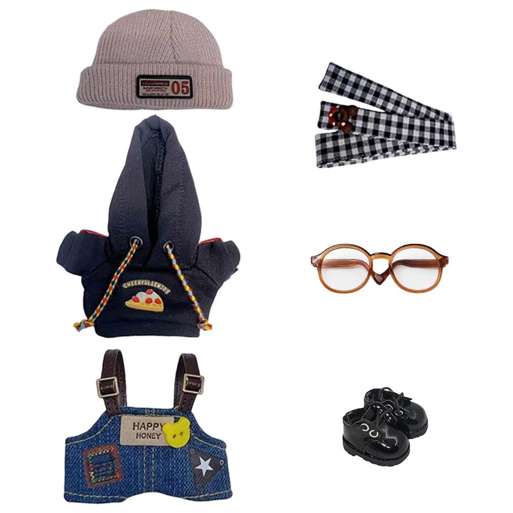 niannyyhouse 10cm Plush Doll Clothes Plaid Scarf Knit Hat Hoodie Bib Pants Glasses Shoes Forest Outfit Doll Accessories Dress Up (Black)