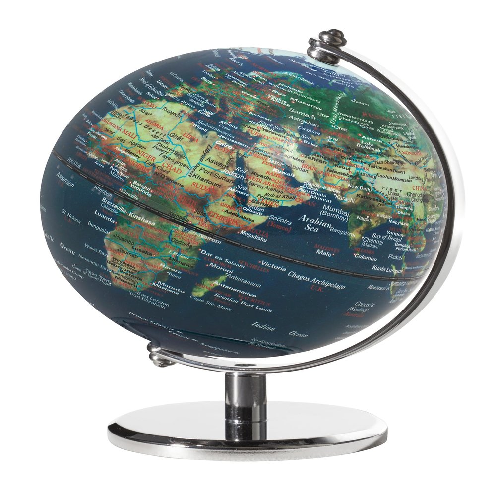 13cm Diameter Globe - Gagarin - Chrome Metal Base Topographic Map - Movable Axis - Blue Green - TROIKA Original