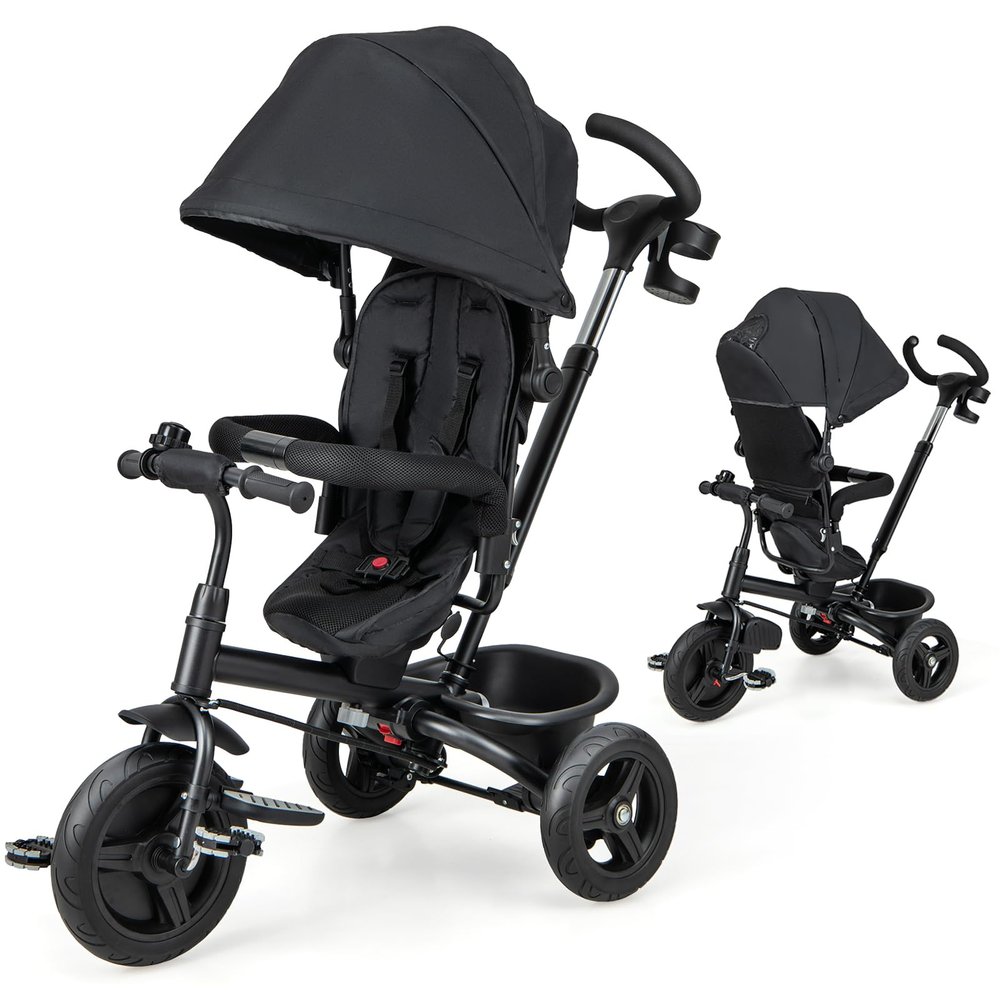 HONEY JOY Tricycle, 6 in 1 Kids Trike Stroller w/Adjustable Push Handle & Canopy, Reversible Seat, Safety Belt, Folding Pedal, Cup Holder, Storage, Push Tricycle for Toddlers 9 Months-5 Years (Black)