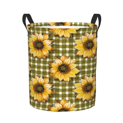 Foruidea Green Checkered Sunflowers Pattern Laundry Basket,Laundry Hamper,Collapsible Storage Bin, Oxford Fabric Clothes Baskets,Nursery Hamper For Home,Office,Dorm,Gift Basket