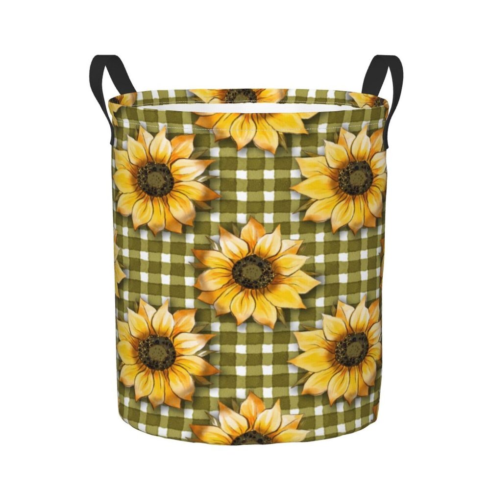 Foruidea Green Checkered Sunflowers Pattern Laundry Basket,Laundry Hamper,Collapsible Storage Bin, Oxford Fabric Clothes Baskets,Nursery Hamper For Home,Office,Dorm,Gift Basket