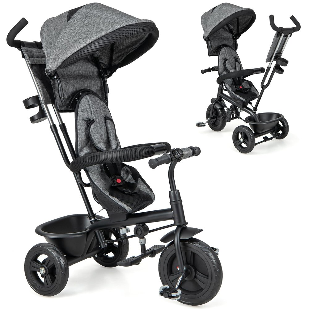 HONEY JOY Tricycle, Kids Trike Stroller w/Adjustable Push Handle & Canopy, Reversible Seat, Safety Belt, Folding Pedal, Cup Holder, Storage, Push Tricycle for Toddlers 9 Months-5 Years (Gray)