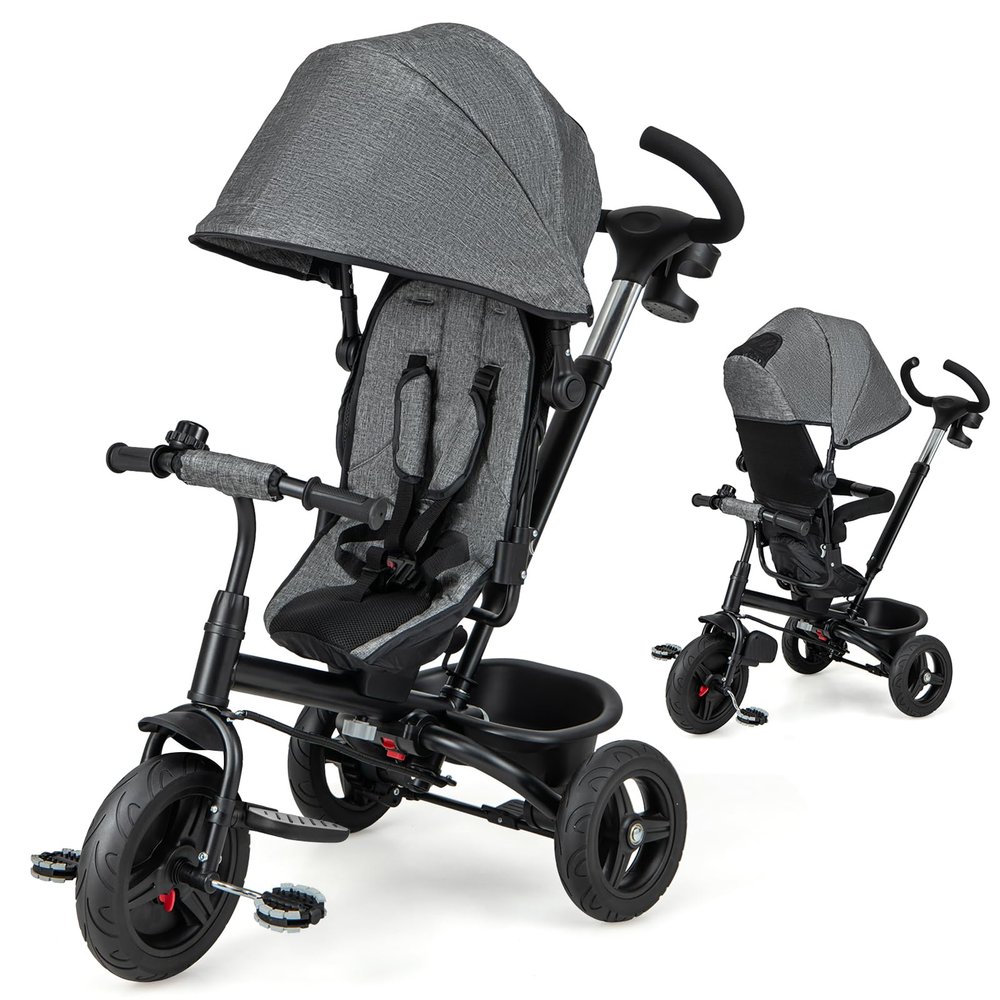 HONEY JOY Tricycle, 6 in 1 Kids Trike Stroller w/Adjustable Push Handle & Canopy, Reversible Seat, Safety Belt, Folding Pedal, Cup Holder, Storage, Push Tricycle for Toddlers 9 Months-5 Years (Gray)