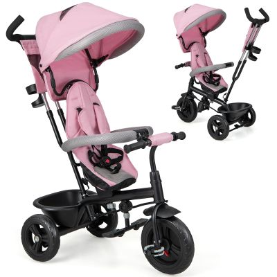 HONEY JOY Tricycle, Kids Trike Stroller w/Adjustable Push Handle & Canopy, Reversible Seat, Safety Belt, Folding Pedal, Cup Holder, Storage, Push Tricycle for Toddlers 9 Months-5 Years (Pink)