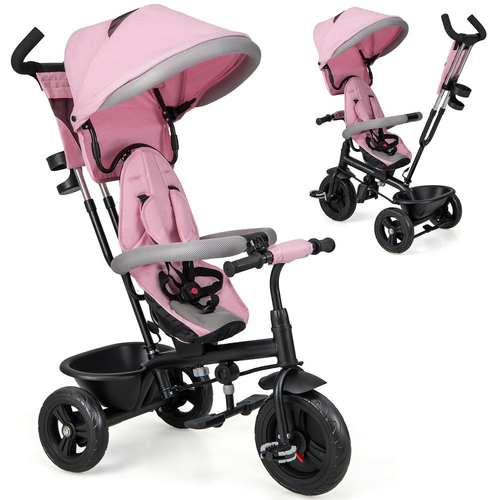HONEY JOY Tricycle, Kids Trike Stroller w/Adjustable Push Handle & Canopy, Reversible Seat, Safety Belt, Folding Pedal, Cup Holder, Storage, Push Tricycle for Toddlers 9 Months-5 Years (Pink)