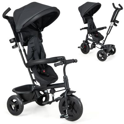 HONEY JOY Tricycle, Kids Trike Stroller w/Adjustable Push Handle & Canopy, Reversible Seat, Safety Belt, Folding Pedal, Cup Holder, Storage, Push Tricycle for Toddlers 9 Months-5 Years (Black)