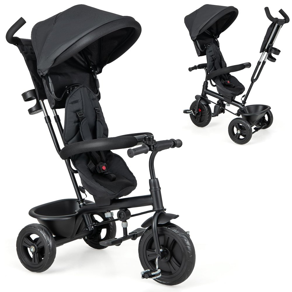 HONEY JOY Tricycle, Kids Trike Stroller w/Adjustable Push Handle & Canopy, Reversible Seat, Safety Belt, Folding Pedal, Cup Holder, Storage, Push Tricycle for Toddlers 9 Months-5 Years (Black)