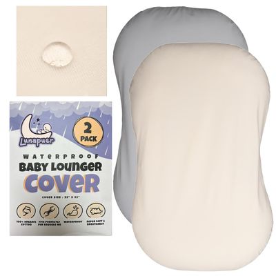 100% Waterproof Baby Lounger Cover - 2-Ply Organic Cotton Slipcovers Keep Your Lounger Clean & Your Baby Comfy - Machine Washable - (Lounger Not Included) - 2-Pack Includes Gray & Off-White