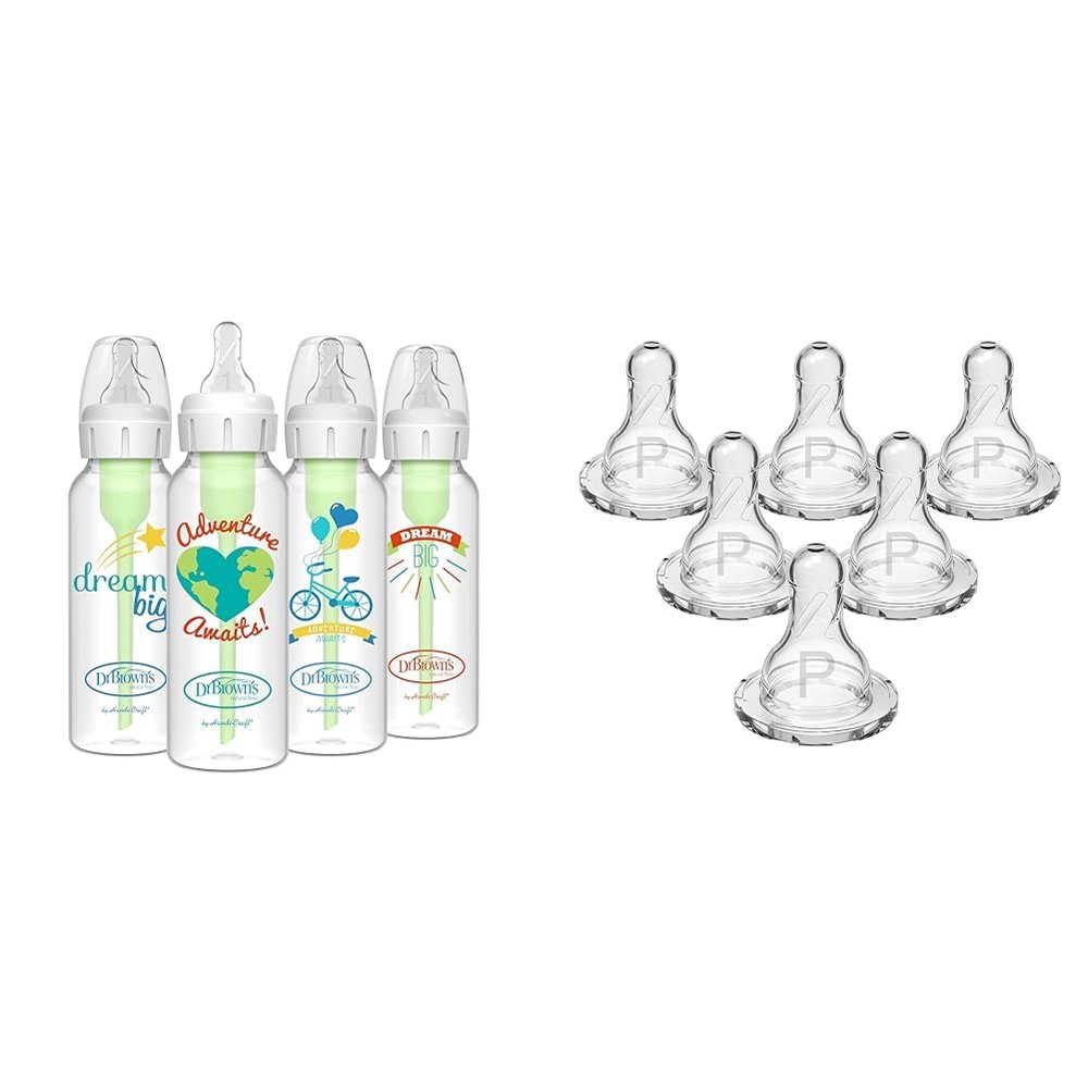 Dr. Brown's Natural Flow Anti-Colic Options+ Narrow Baby Bottles 8 oz/250 mL & Natural Flow Preemie Flow Narrow Baby Bottle Silicone Nipple, Slowest Flow, 0m+
