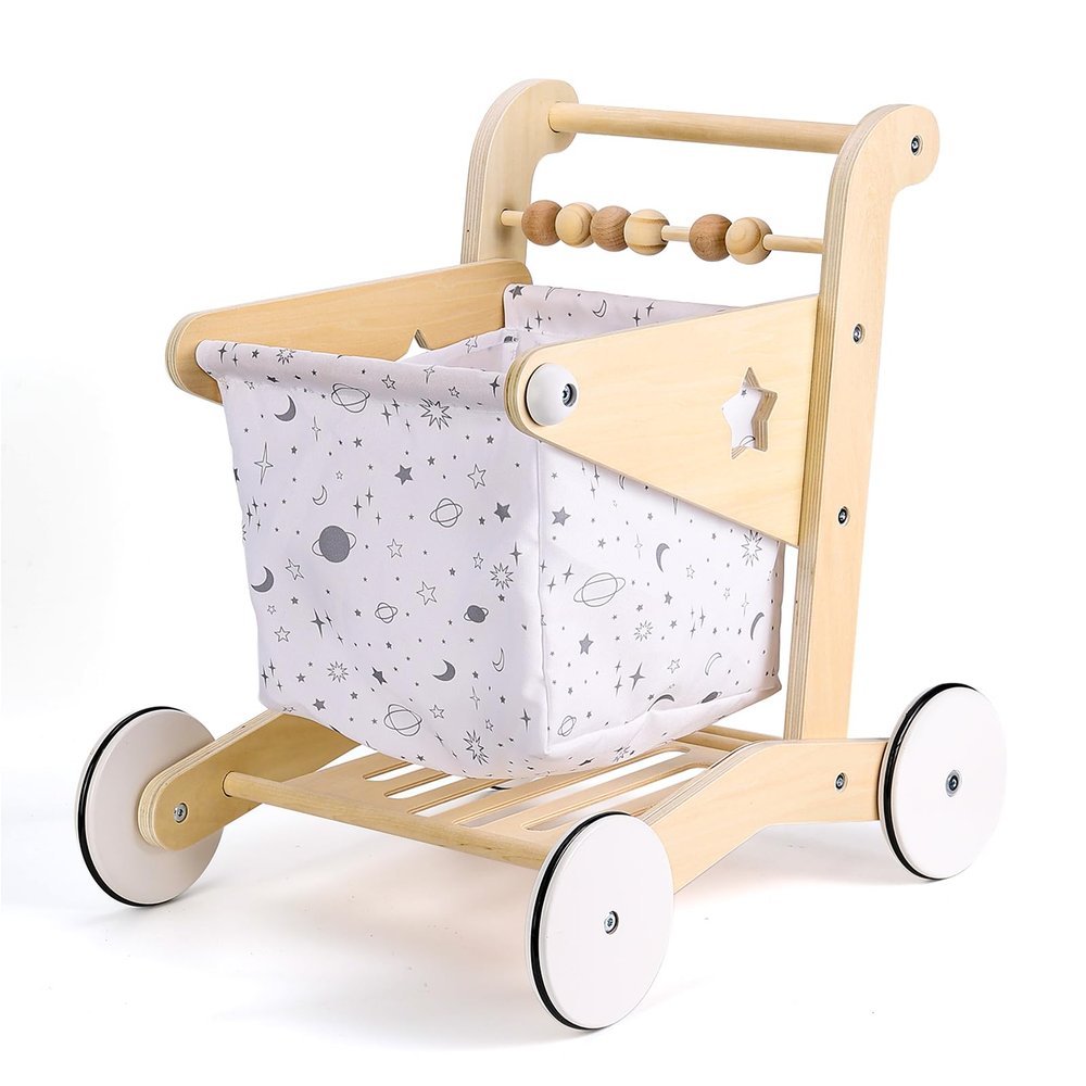 Woodtoe Wooden Baby Walker Doll Stroller | Adjustable Speed Shopping Cart for Toddlers 1-3 | Baby Push Walker - Pretend Play Grocery Cart | Wood Stroller Push Toys for Baby 1 2 3, 1st Birthday Gift