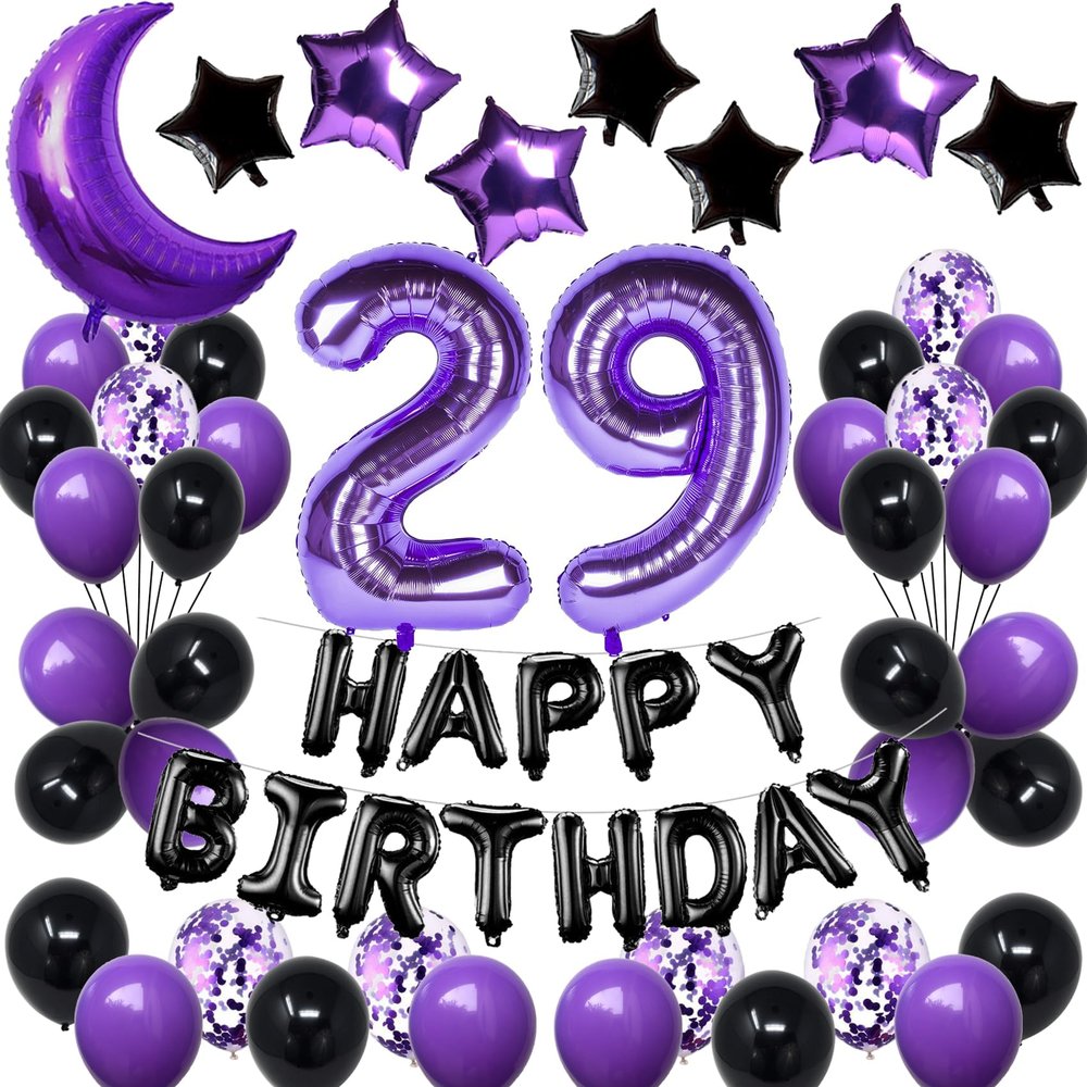 NANINUNENO 29th Birthday Decorations Set for Girl Women Boy Men, Purple Black 29 Happy Birthday Balloons Supplies with Purple Number Balloons 29 Happy Birthday Banner