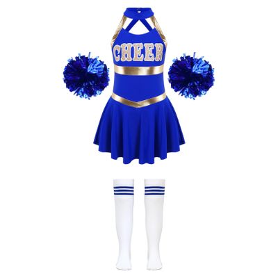FEESHOW Kids Girls Cheerleading Dress Outfits Sleeveless Dress with Flower Balls Socks Halloween Fancy Party Dress Up A Royal Blue 12 Years