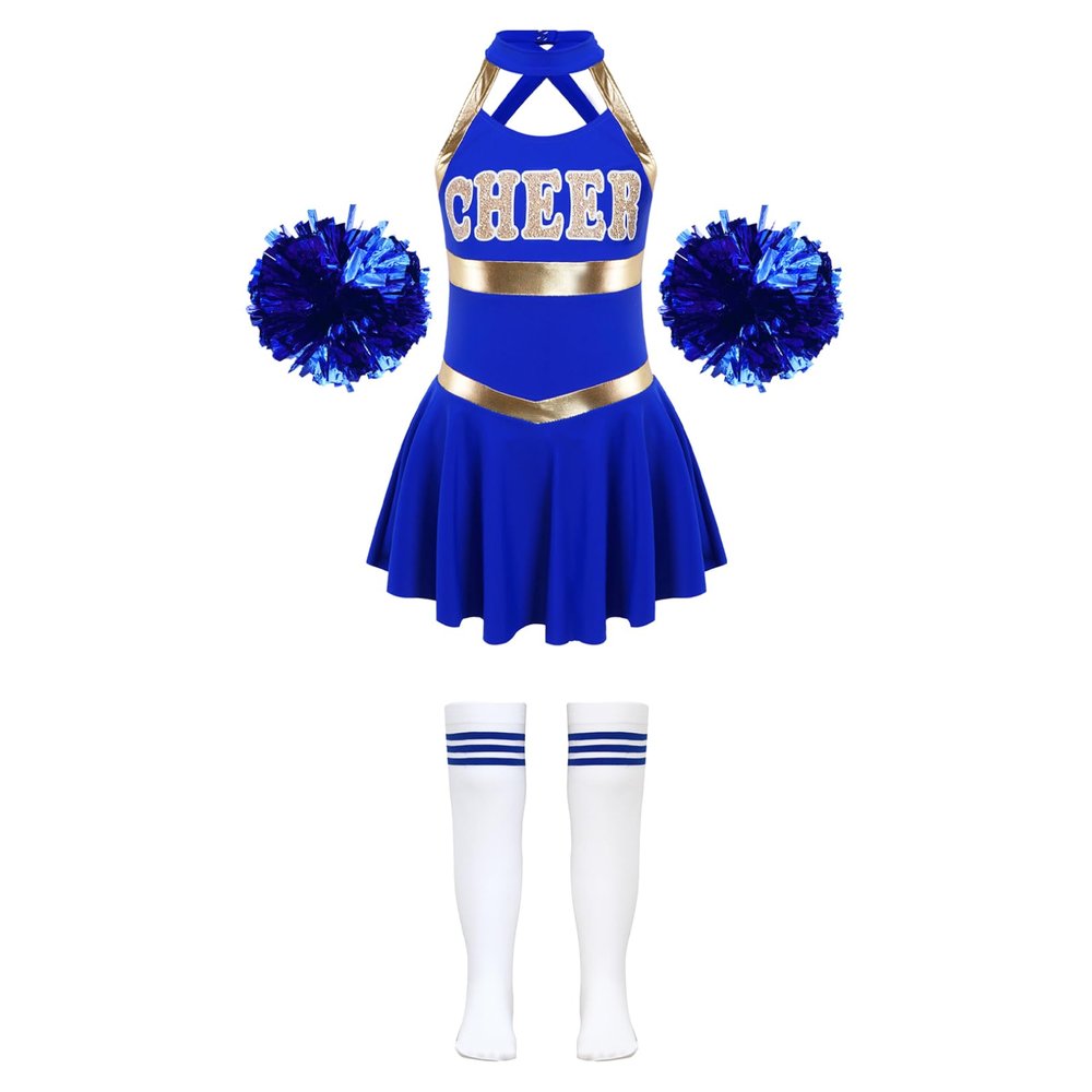 FEESHOW Kids Girls Cheerleading Dress Outfits Sleeveless Dress with Flower Balls Socks Halloween Fancy Party Dress Up A Royal Blue 12 Years