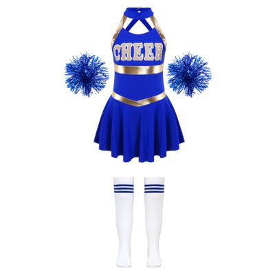 FEESHOW Kids Girls Cheerleading Dress Outfits Sleeveless Dress with Flower Balls Socks Halloween Fancy Party Dress Up B Royal Blue 16 Years