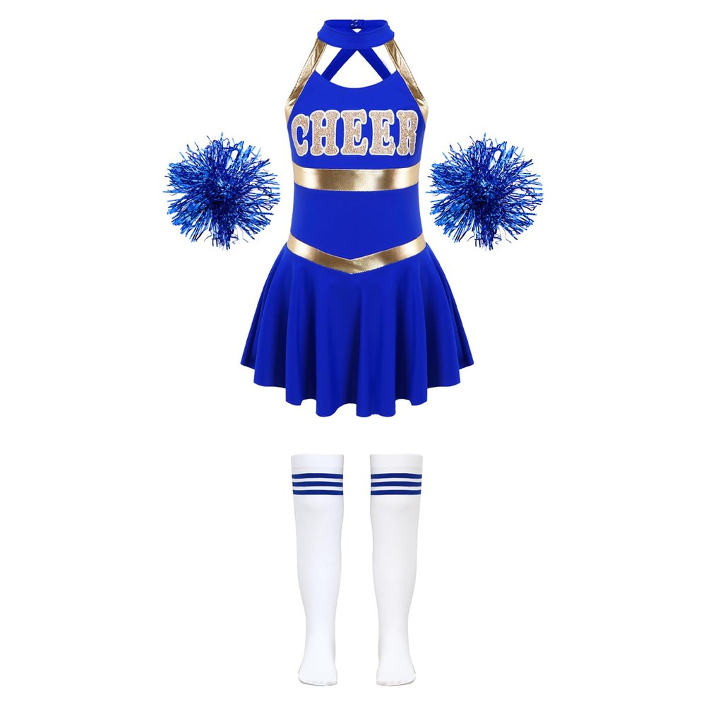 FEESHOW Kids Girls Cheerleading Dress Outfits Sleeveless Dress with Flower Balls Socks Halloween Fancy Party Dress Up B Royal Blue 16 Years