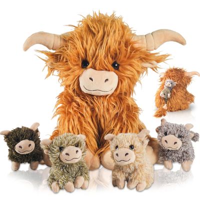 5 Pcs Highland Cow Stuffed Animal, 14" Fluffy Stuffed Highland Cow Plush Toys with Babies Inside Mommy Scottish Highland Cows with 4 Baby Calves for Kids Christmas Birthday Surprise Gift