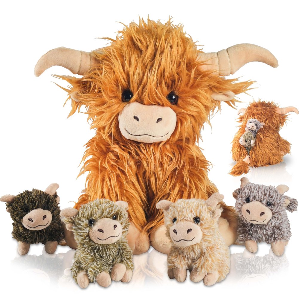 5 Pcs Highland Cow Stuffed Animal, 14" Fluffy Stuffed Highland Cow Plush Toys with Babies Inside Mommy Scottish Highland Cows with 4 Baby Calves for Kids Christmas Birthday Surprise Gift