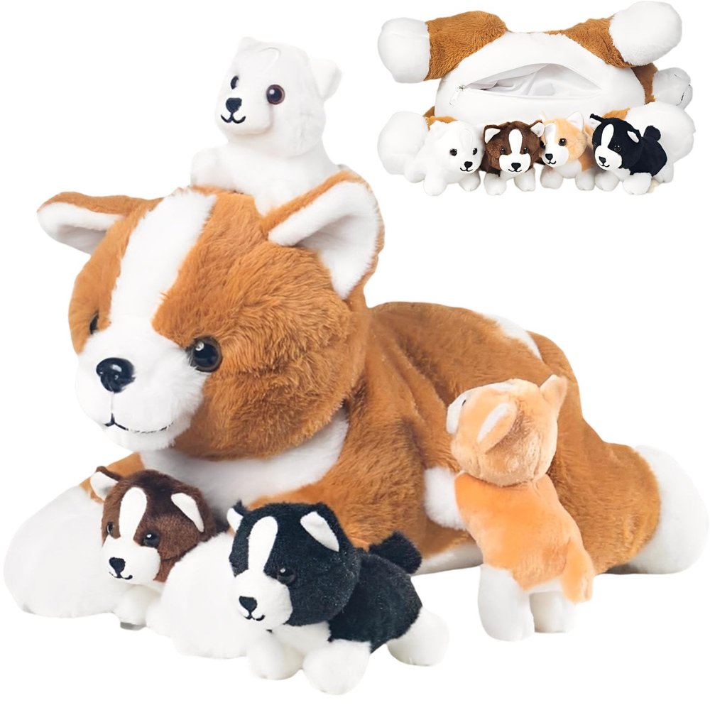 5 Pieces Dog Stuffed Animal with Babies, 16" Mommy Stuffed Corgi Dog Plush with 4 Puppies Plush Inside, Huggable Dogs Pillow Toys and Puppy Surprise for Kids Easter Stuffers Christmas Birthday Gift