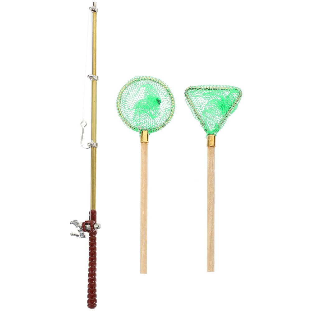 Kisangel Fishing Rod Doll House Decoration - 3 Piece Miniature Fishing Pole Set with Alloy and Wooden Materials for 1 12 Scale Dollhouse Decor