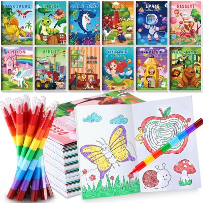 BenLouis Coloring Books for Kids With Stacking Crayons Set Mini Coloring Books Bulk for Ages 4-8-12 Small Activity Books for Birthday Party Gifts Goodie Bags Stuffers Travel12+12Pcs Colorful