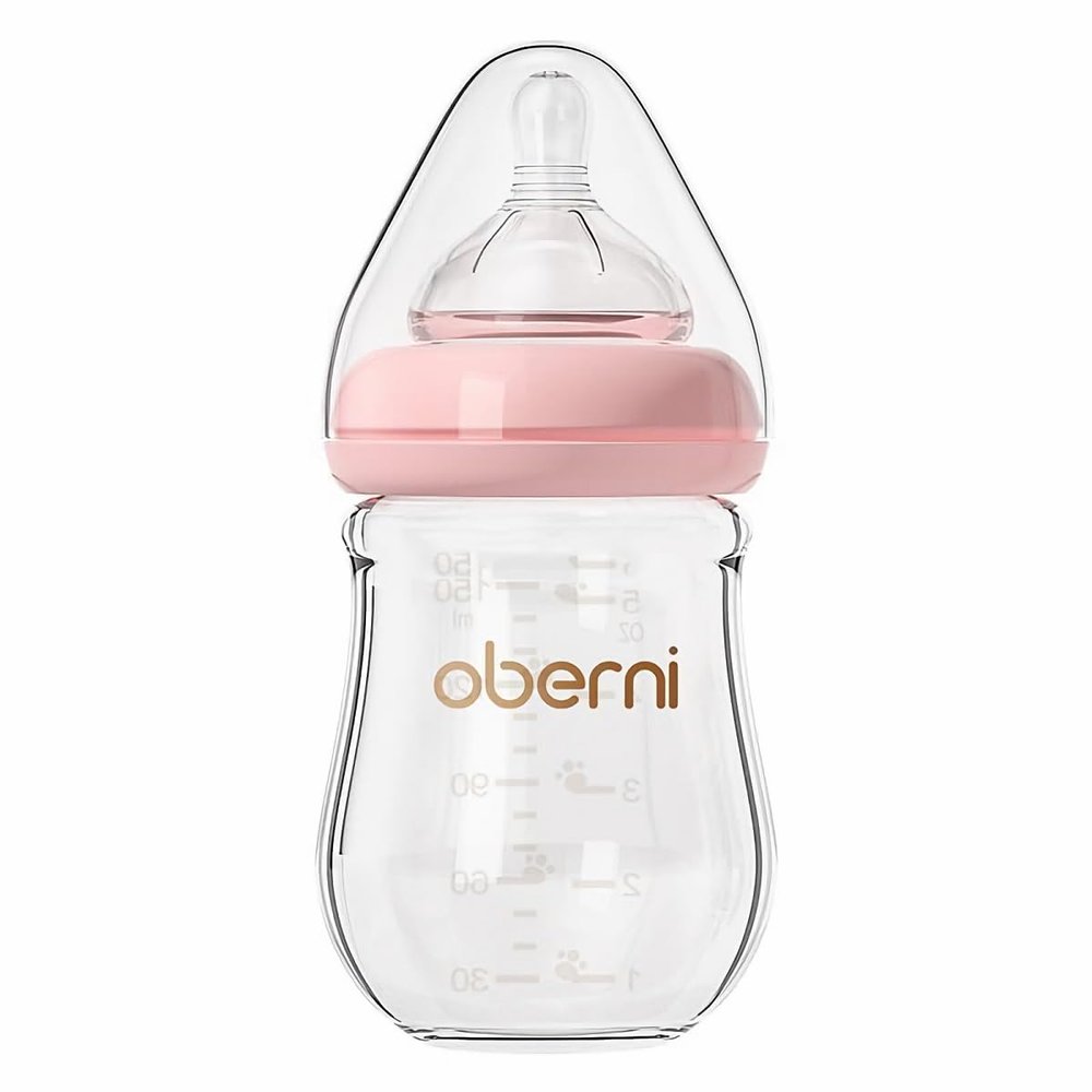 Oberni Glass Baby Bottles,Anti Colic Breastfeeding Bottle with Natural Response Nipple Size S,Wide Neck Slow Flow Baby Bottle for Baby,Newborn,Preemie 0-3 0-6 Month,BPA Free (Pink, 1 Pack, 5 Ounce)