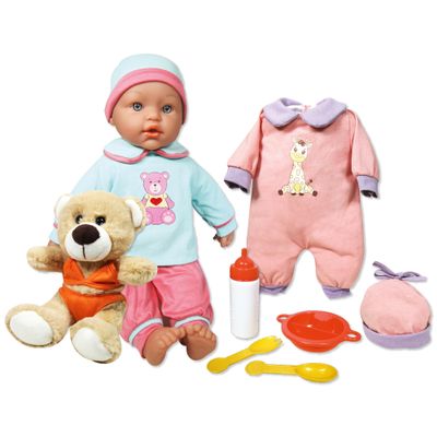 Lissi: Baby Doll Billie & Little Bear - 15" Blue & Pink - 8 Piece Set W/ Stuffed Teddy Bear, Extra Outfit, Food Accessories, Pretend Play Kids Age 2+