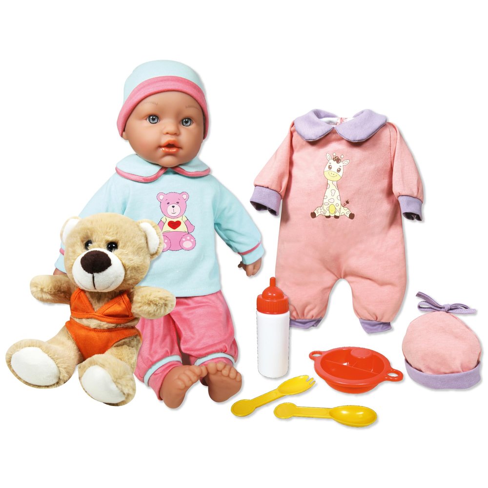 Lissi: Baby Doll Billie & Little Bear - 15" Blue & Pink - 8 Piece Set W/ Stuffed Teddy Bear, Extra Outfit, Food Accessories, Pretend Play Kids Age 2+