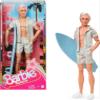 Barbie The Movie Ken Doll Wearing Pastel Pink and Green Striped Beach Matching Set with Surfboard and White Sneakers view 1