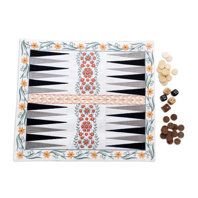 NOVICA Artisan Handmade Cotton Travel Backgammon Set Floral Embroidered Travelers Game Multicolor India Chess Sets Games 'Yellow Garden'