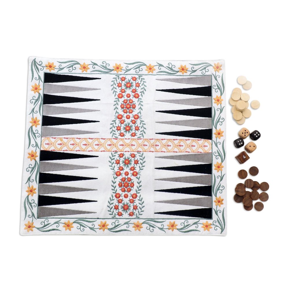 NOVICA Artisan Handmade Cotton Travel Backgammon Set Floral Embroidered Travelers Game Multicolor India Chess Sets Games 'Yellow Garden'