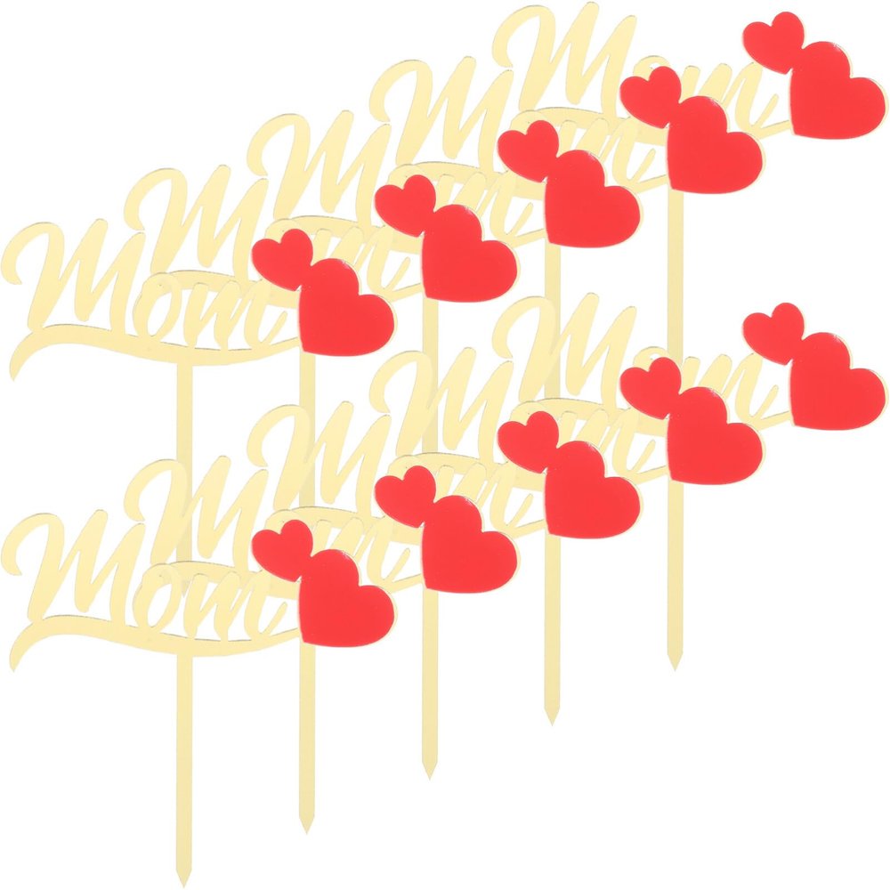 10pcs Mothers Day Cake Toppers Golden Acrylic Mom Cupcake Picks Holiday Cake Decorations for Happy Mothers Day Birthday Party Supplies