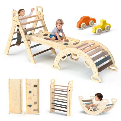 BlueWood Pikler Triangle Set 7in1 Foldable Baby Climbing Toys Wooden Montessori Climbing Set with Arch&Ramp&Ladder Baby Climber Indoor Jungle Gyms for Toddlers Montessori Toys - Mauve Pink