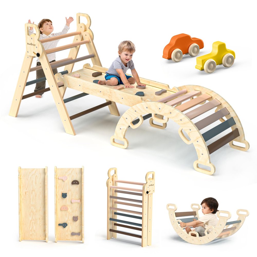 BlueWood Pikler Triangle Set 7in1 Foldable Baby Climbing Toys Wooden Montessori Climbing Set with Arch&Ramp&Ladder Baby Climber Indoor Jungle Gyms for Toddlers Montessori Toys - Mauve Pink