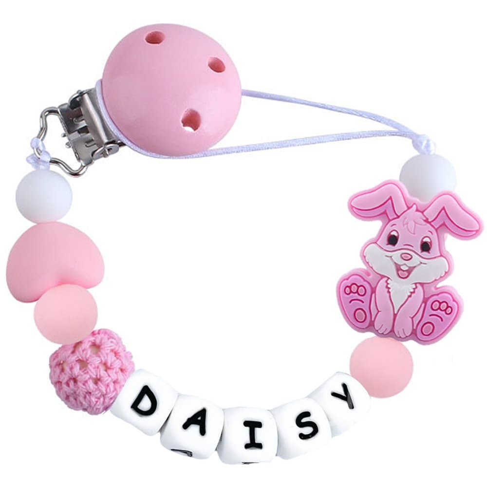 Personalized Pacifier Clip with Name Easter Bunny Customized Pacifier Holder Clip for Boys Girls (Pink)