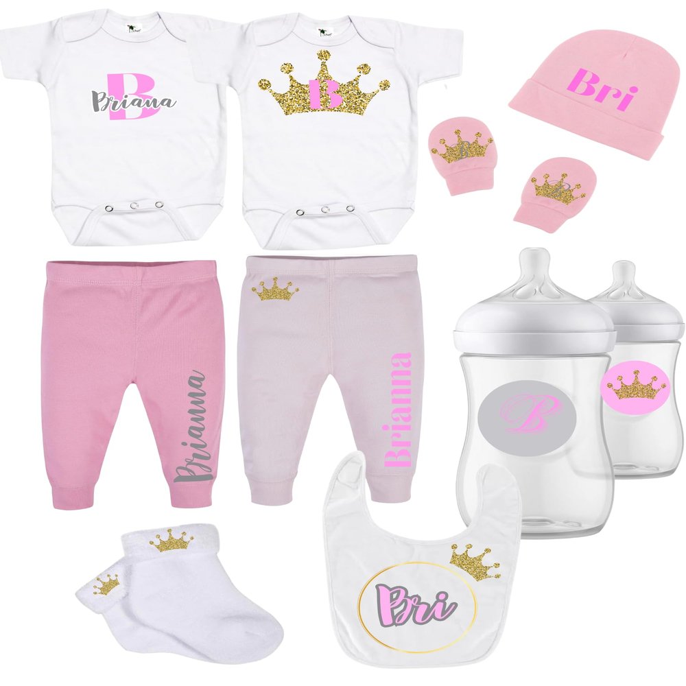 Pink Princess: 10-Piece Custom Baby Gift Set  Personalized with Your Baby's Name for a Cute and Casual Touch!