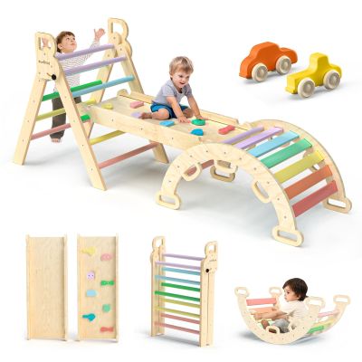 BlueWood Pikler Triangle Set, Toddler Climbing Toys Indoor, 7in1 Foldable Baby Climbing Toys- Rainbow