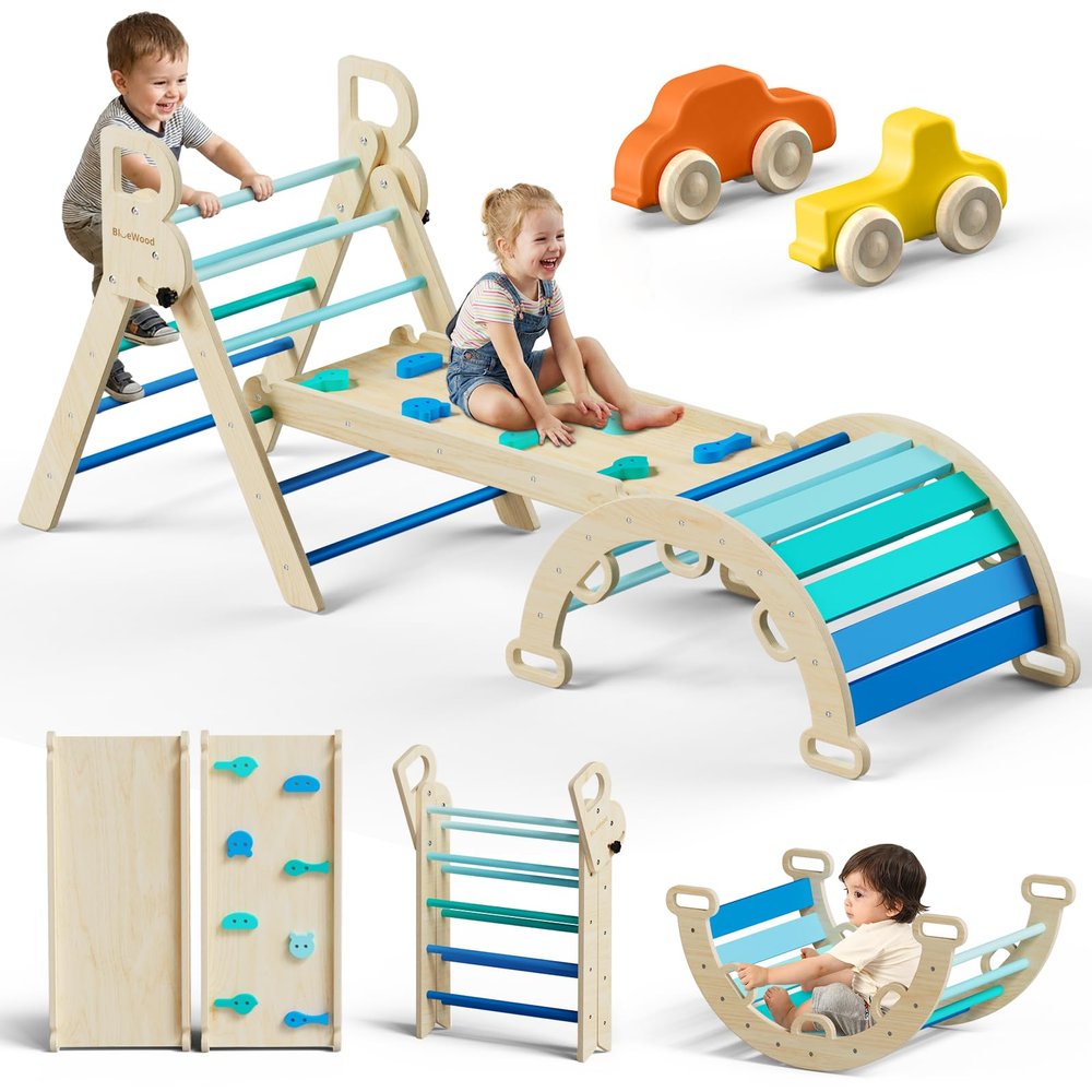 BlueWood Pikler Triangle Set, Toddler Climbing Toys Indoor, 7in1 Foldable Baby Climbing Toys- Sky Blue