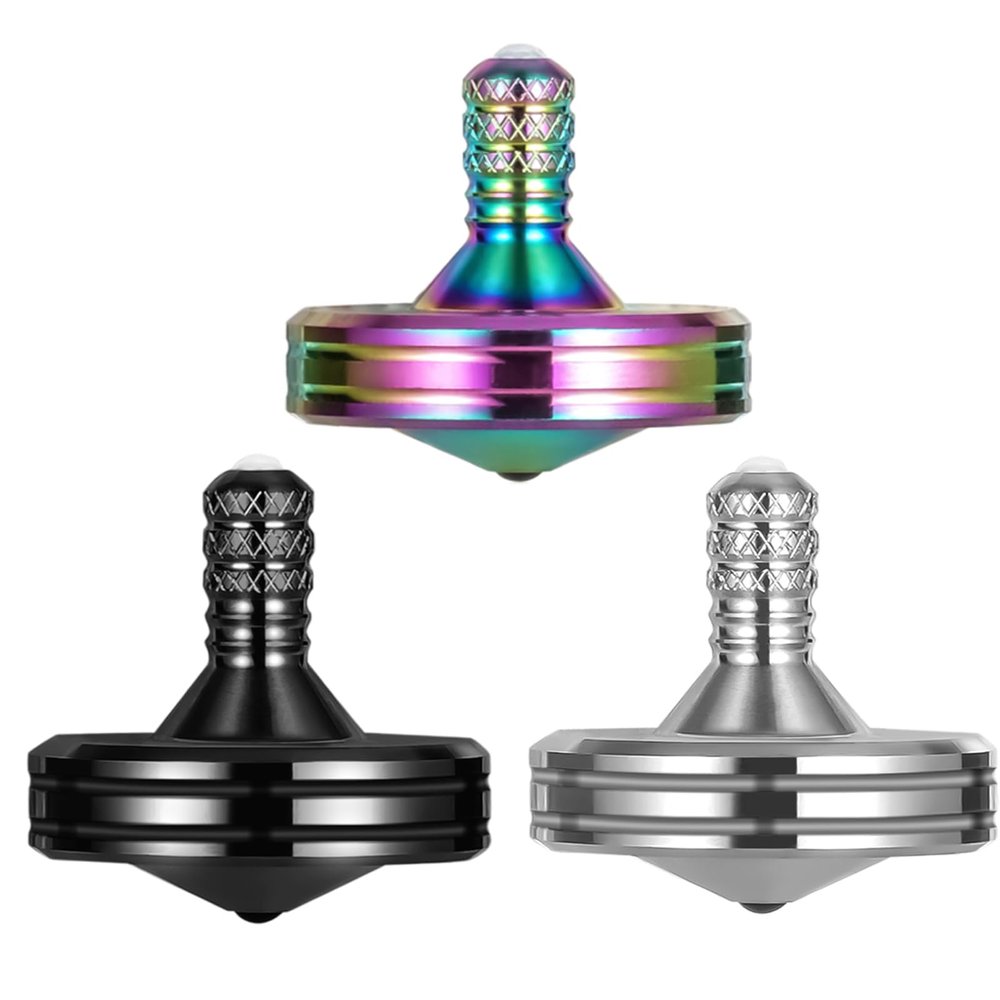 LOQATIDIS Precision Metal Spinning Top, Easy to Spin, Long Spin time Exceed 8 Mins, Support Handstand Rotation, Kill Time Relief Stress ADHD Anti-Anxiety Fidget Toys (3PCS L, Black+Silver+Colorful)