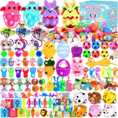 120 Pcs Colorful Prefilled Plastic Easter Eggs Filled with Assorted Toys Stickers Inside for Kids Boys Girls Toddlers Easter Theme Party Favors Easter Eggs Hunt Basket Filler Stuffers Supplies