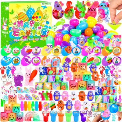 120 Pcs Prefilled Plastic Easter Eggs Filled with Assorted Toys Stickers Inside for Kids Boys Girls Toddlers Easter Theme Party Favors Easter Eggs Hunt Basket Filler Stuffers Classroom Prize Supplies