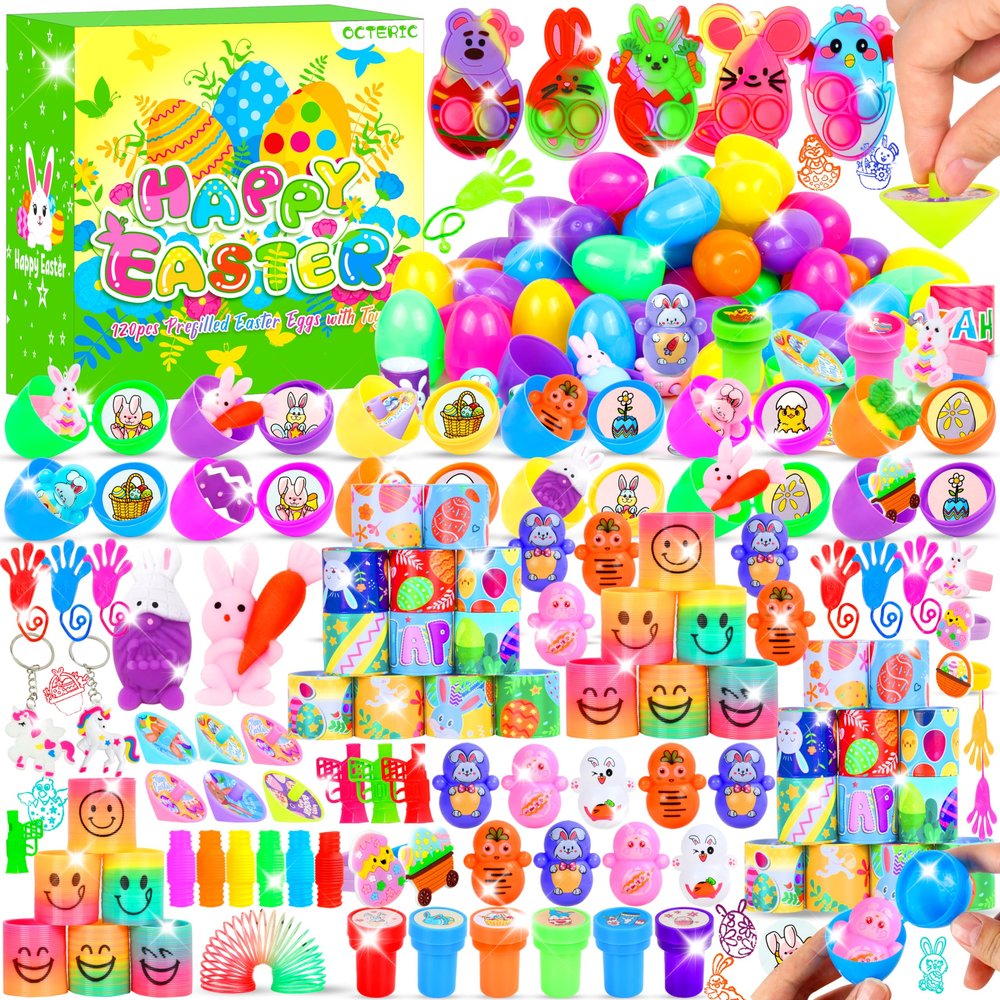 120 Pcs Prefilled Plastic Easter Eggs Filled with Assorted Toys Stickers Inside for Kids Boys Girls Toddlers Easter Theme Party Favors Easter Eggs Hunt Basket Filler Stuffers Classroom Prize Supplies