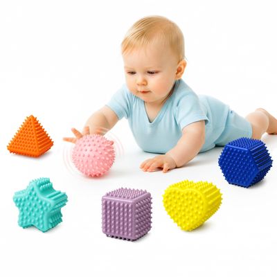 ROHSCE Baby Sensory Balls, Montessori Toys Soft Baby Balls 6 to 12 Months Textured Geometric Shapes for Babies' Sensory Development, Multicolor Bath Gifts Spiky Squeeze Ball for Infant Kids