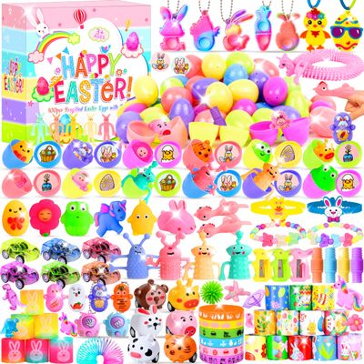 200 Pcs Prefilled Easter Egg Toys Set Include 100 Pastel Color Plastic Eggs Filled with 100 Assorted Mini Novelty Toys and Stickers for Easter Hunt Basket Stuffers, Party Favors for Kids Boys Girls