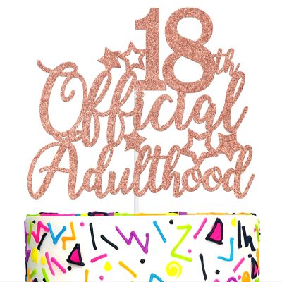 18 Official Adulthood Cake Topper, Cheers to 18 Years/Time to Adult Cake Decor for Boy Girl, Happy 18th Birthday Party Decoration Supplies, Rose Gold Glitter