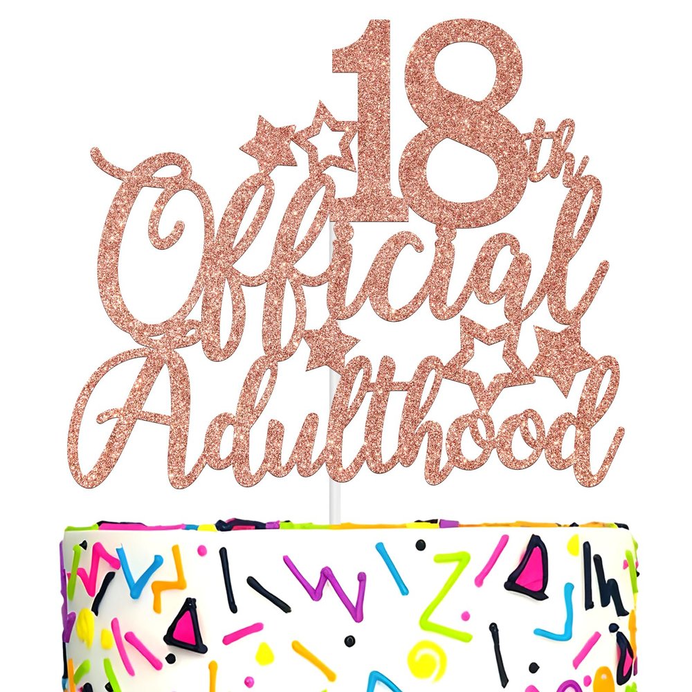 18 Official Adulthood Cake Topper, Cheers to 18 Years/Time to Adult Cake Decor for Boy Girl, Happy 18th Birthday Party Decoration Supplies, Rose Gold Glitter