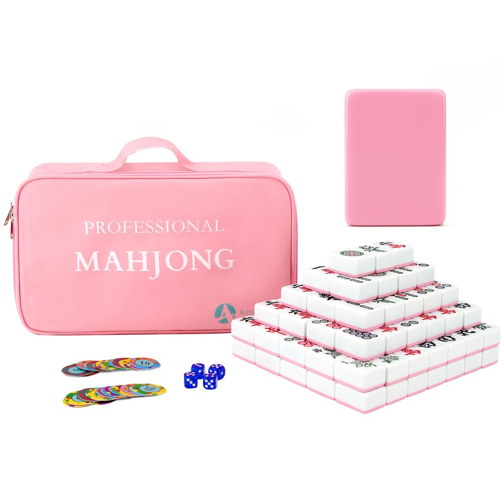 AzulHome Pink Mahjong Game Set, 144 Large 42mm(1.7") Melamine Tiles with 4 Dices 80 Poker Chips, Complete Traditional Mahjong Tiles Set, Large, Majiang, (Tiles Only)
