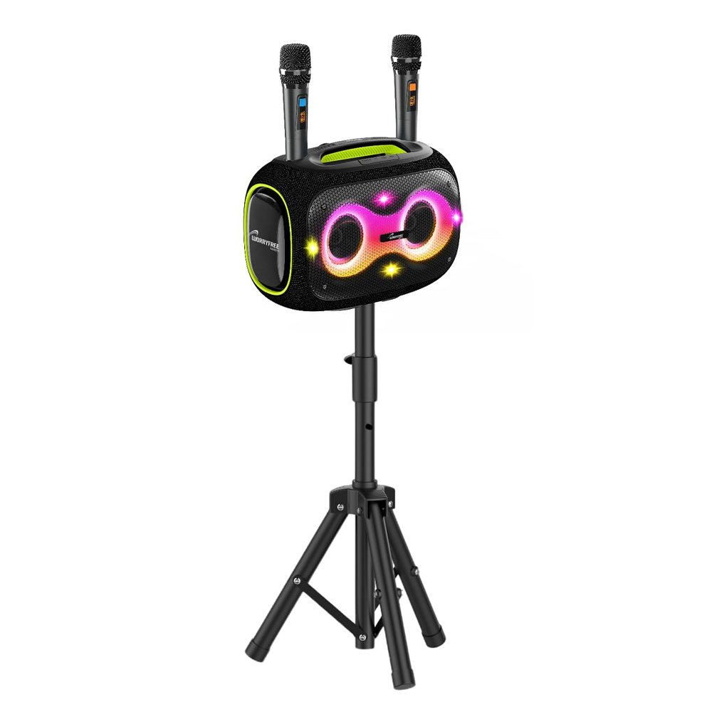 Portable Bluetooth Speaker with 2 Microphones & Tripod, 120W Output, Upto10H Playtime, On-The-Go Party Box Karaoke with Built-in RGB Lights Strong Vibration IPX6 Splashproof (Black)