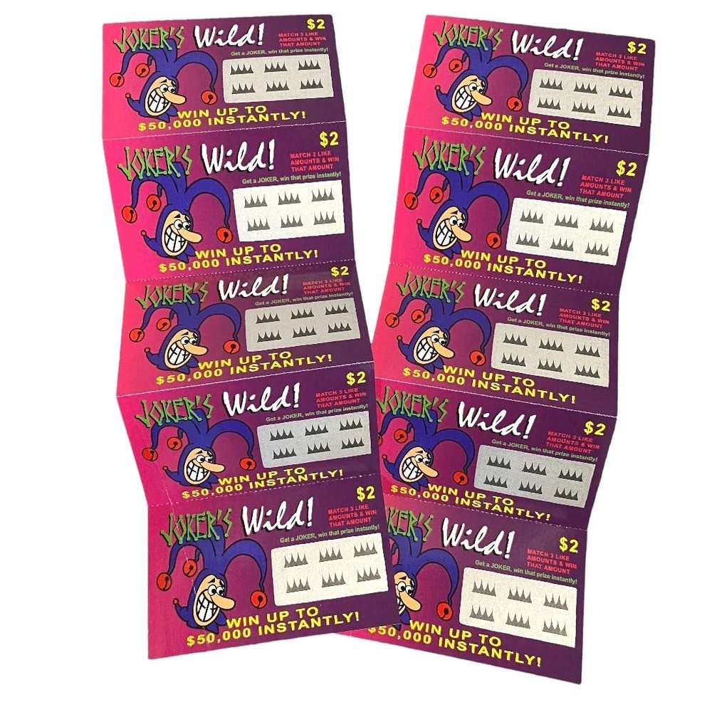 $50,000 Fake Lottery Tickets-Jokers Wild (Pack 20)-Each One is a Pretend Winner. Prank Lottery Ticket Scratch Cards Hilarious Fine Print They Look Real, Gag Gift Pranks. Boletos de Lotera Falsos