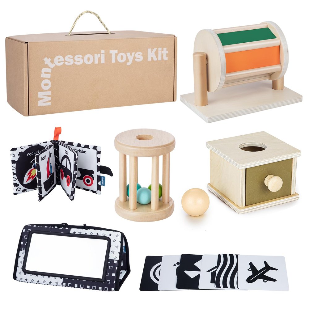 Starrykids Montessori Toys for Babies 0-6 Months, 6 in 1 Learning Educational Set for Newborn, Toddlers Gifts Includes Spinning Drum, Object Permanence Box, Baby Roller Tummy Time Mirror and More