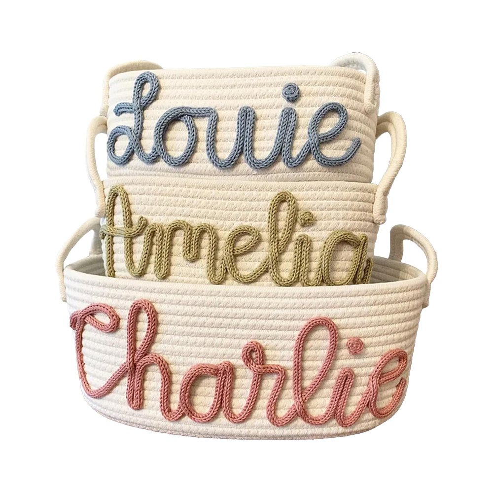 Custom Baby Name Basket, Personalized Baby Gift Basket Cotton Rope Diaper Caddy Nursery Organizer Stortage Bin for Baby Shower (Style A)